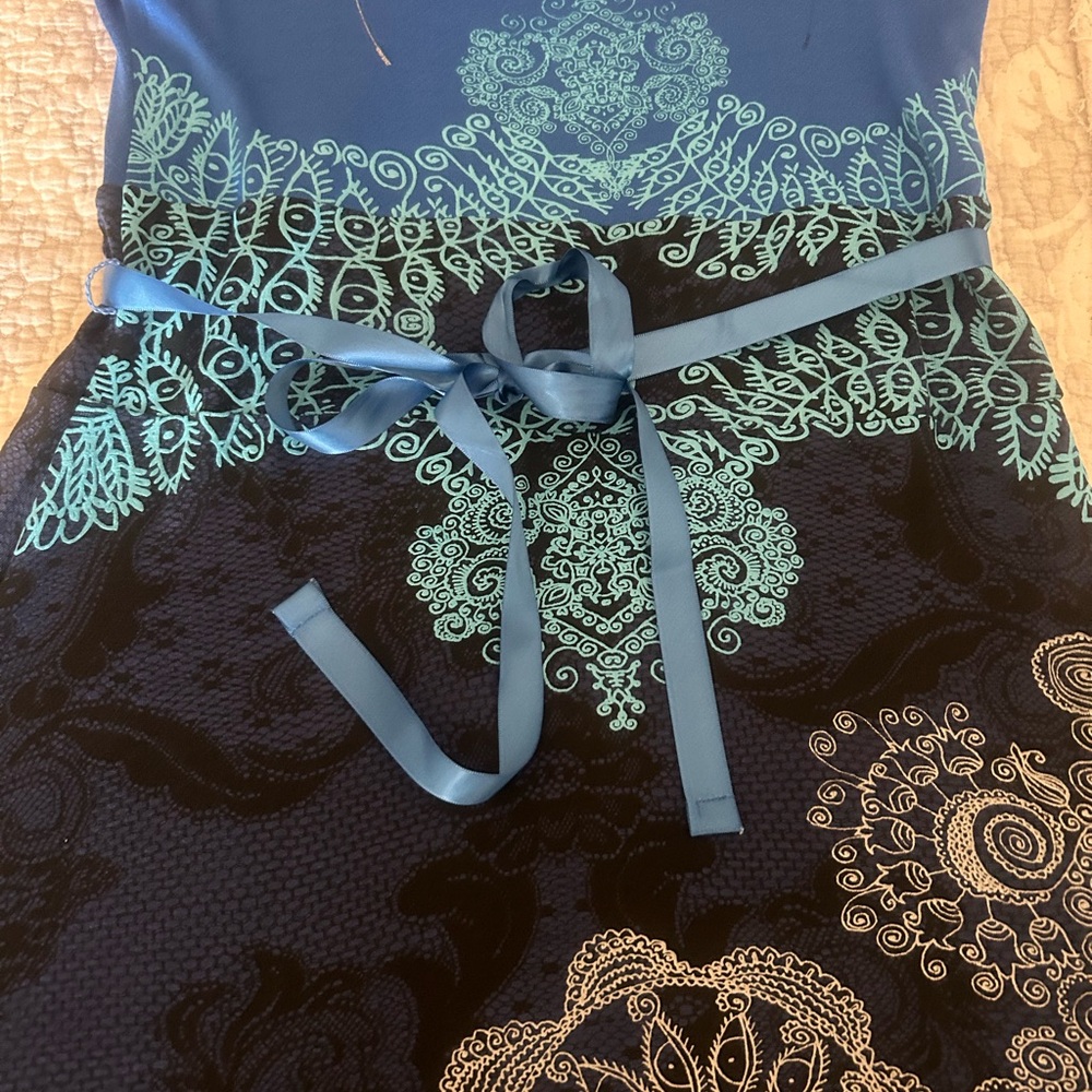 Desigual Blue and Black Midi Dress with round deep Neck - Picture 3 of 8